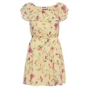 Lauren Ralph Lauren Womens Yellow Floral Crinkled Cotton‎ Dress Elastic Waist 8
